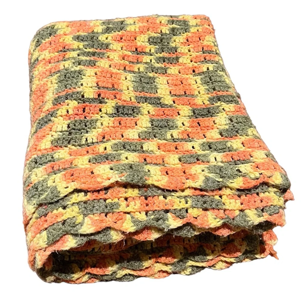 Vintage ca 70s Handmade Orange, Green, and Yellow Crocheted Afghan Blanket